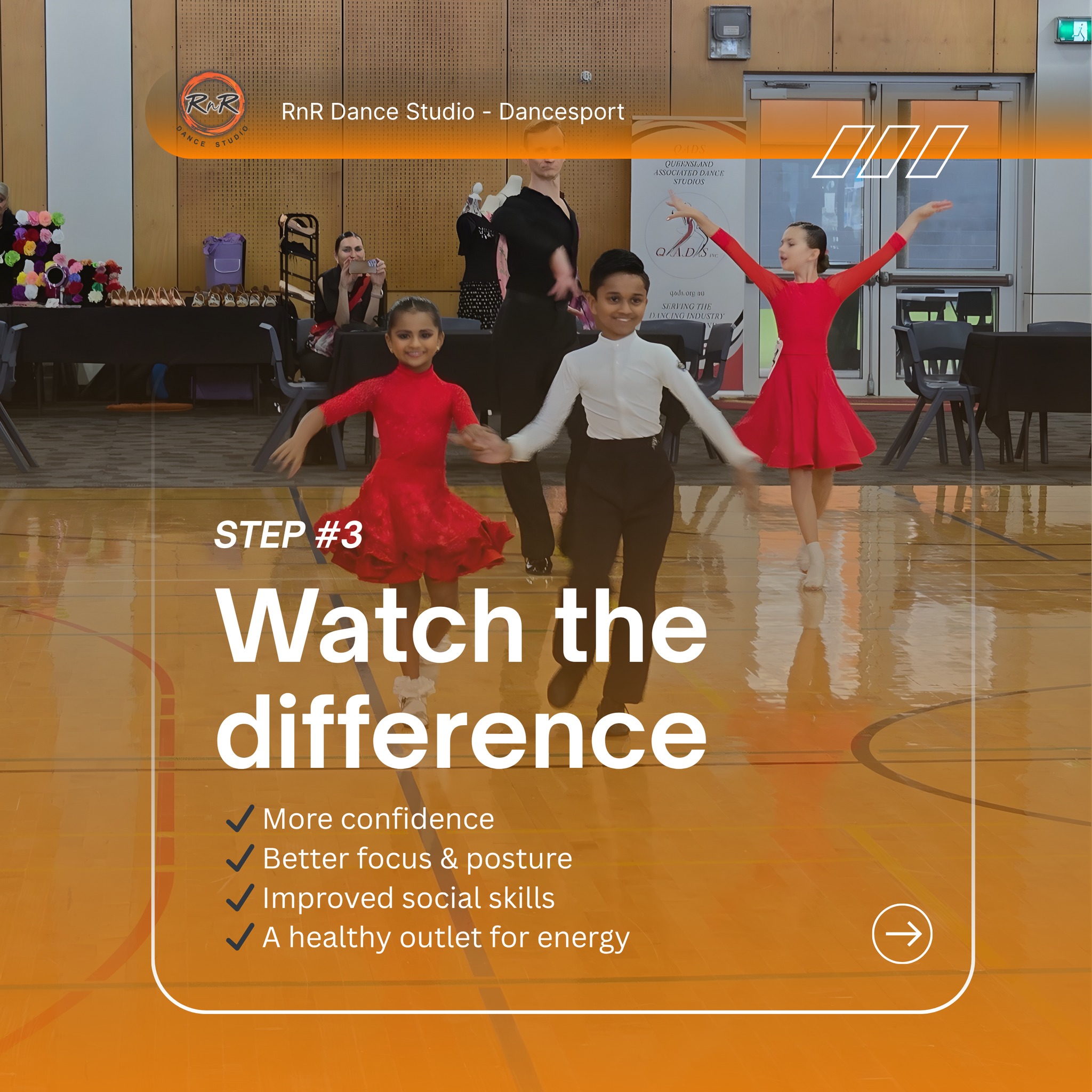 Young dancers performing on a polished floor with confident posture